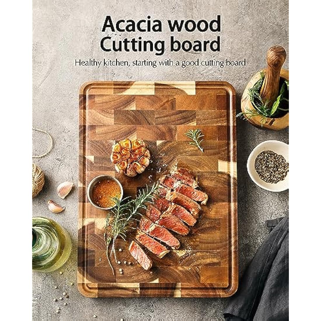 XINZUO Acacia Wood End Grain Cutting Board with Juice Groove | 14x10"
