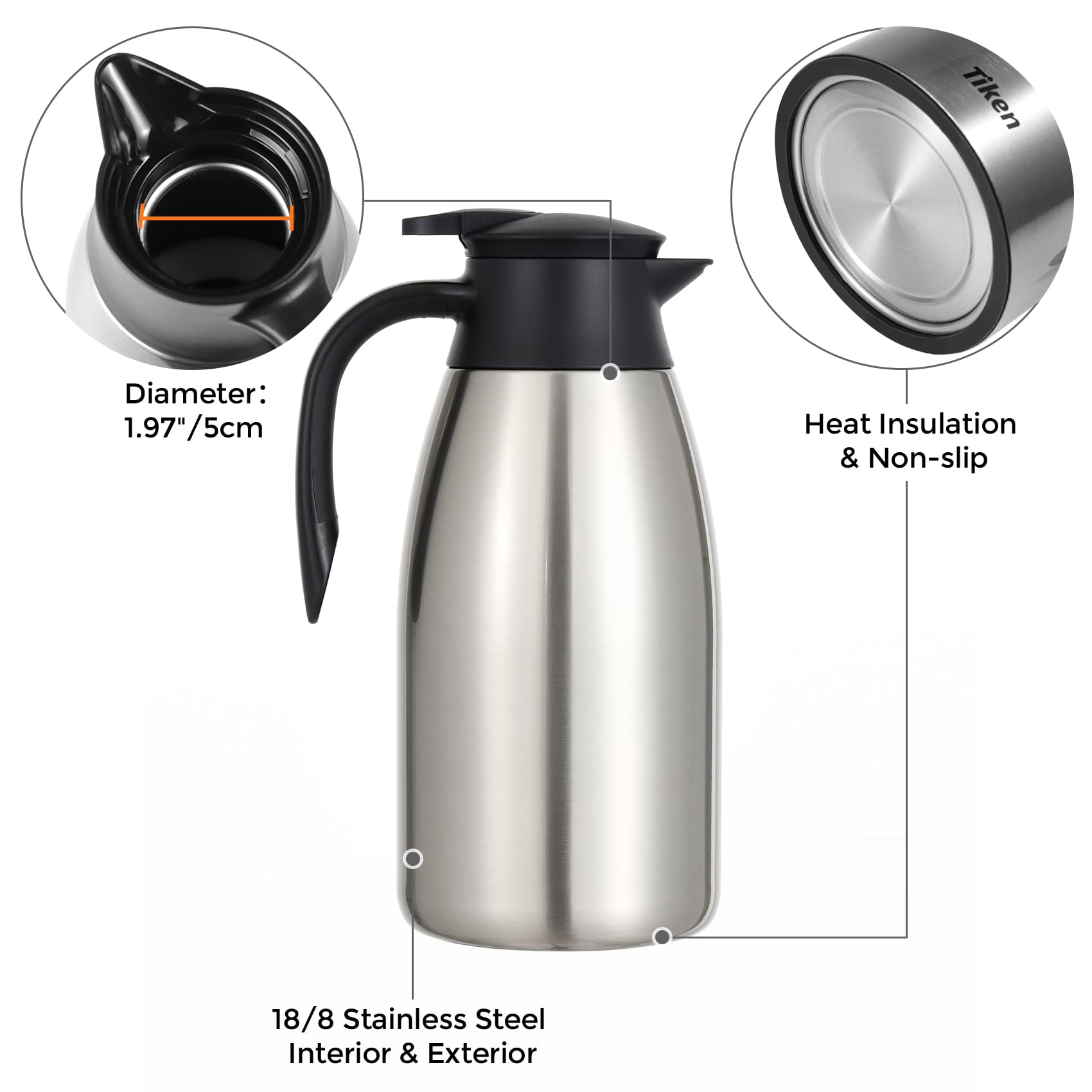 Tiken 2.5L Thermal Coffee Carafe – Stainless Steel Vacuum Insulated Jug