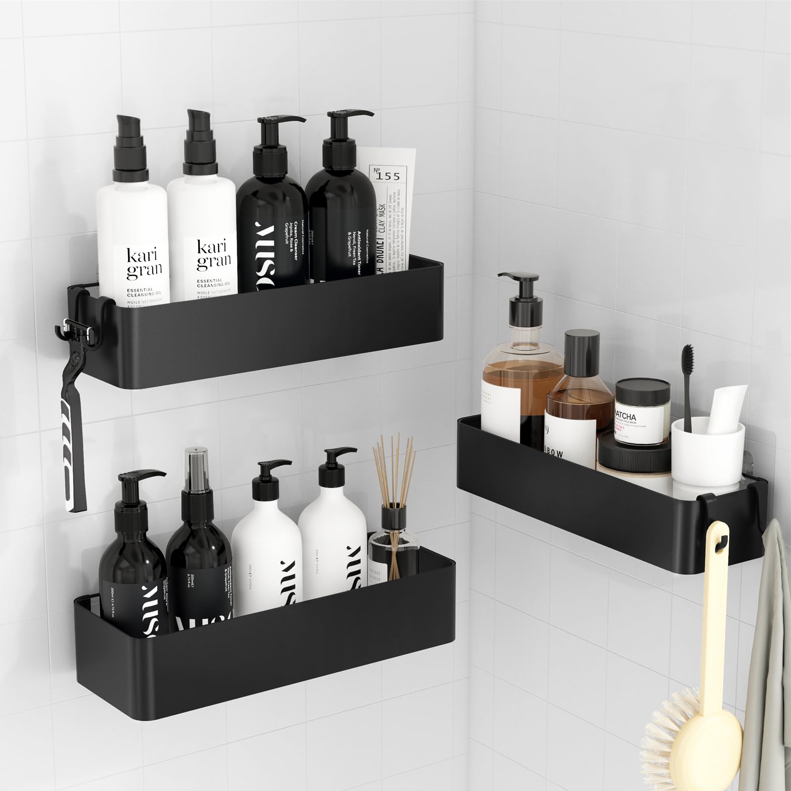 Kitsure 3-Pack Shower Caddy – Rustproof Drill-Free Bathroom Organizer, Black