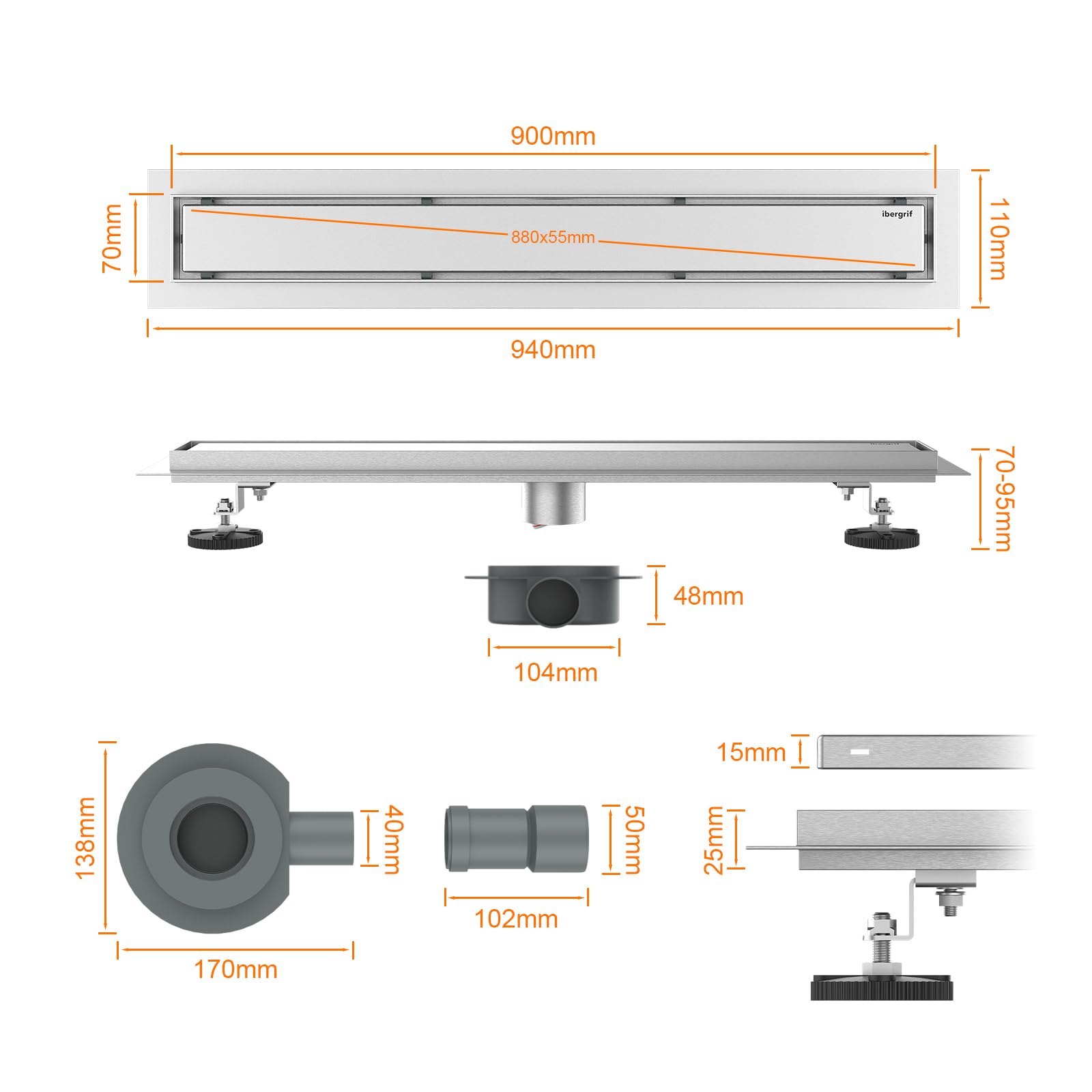 Ibergrif 900mm Linear Shower Drain | Stainless Steel Tile Insert Floor Set