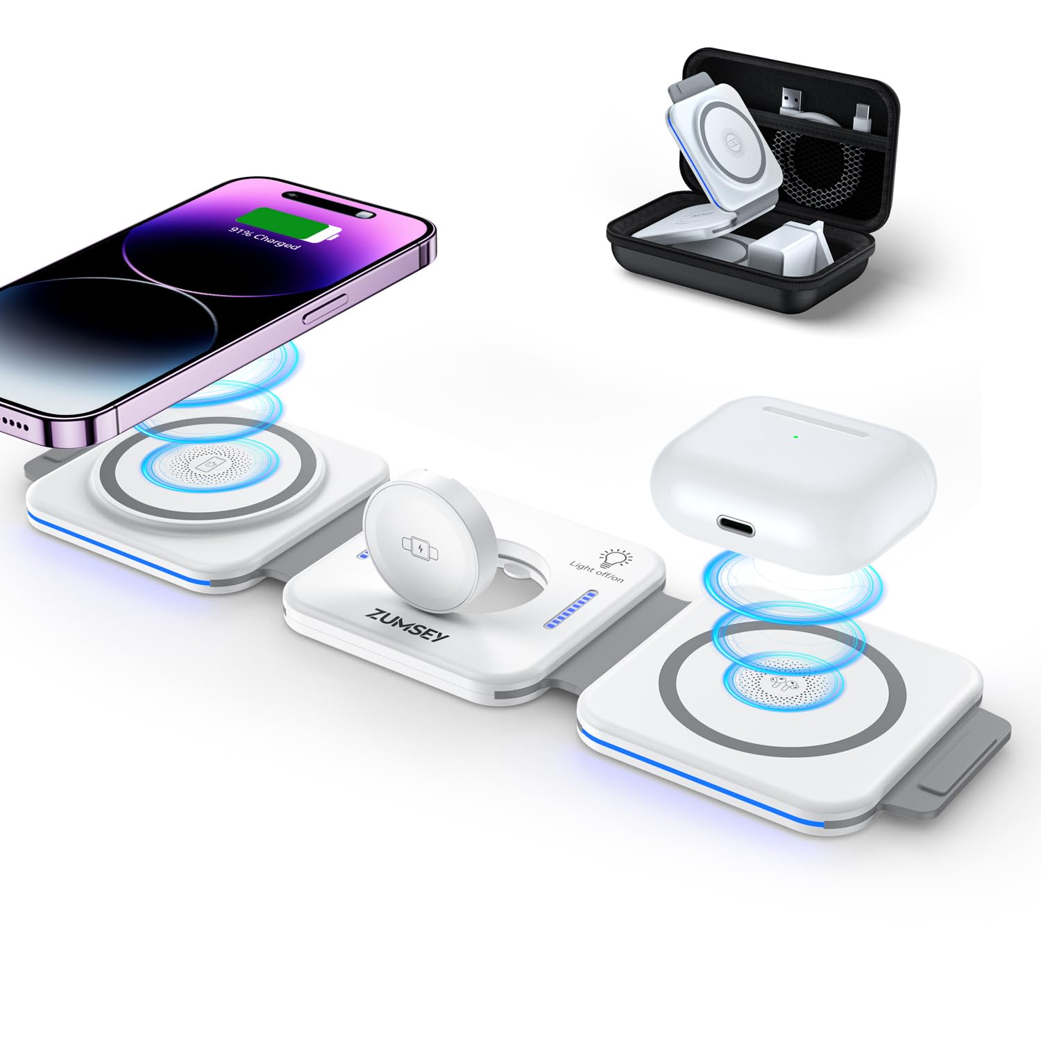 ZUMSEY 3-in-1 Foldable Wireless Charging Station for iPhone & Apple Watch