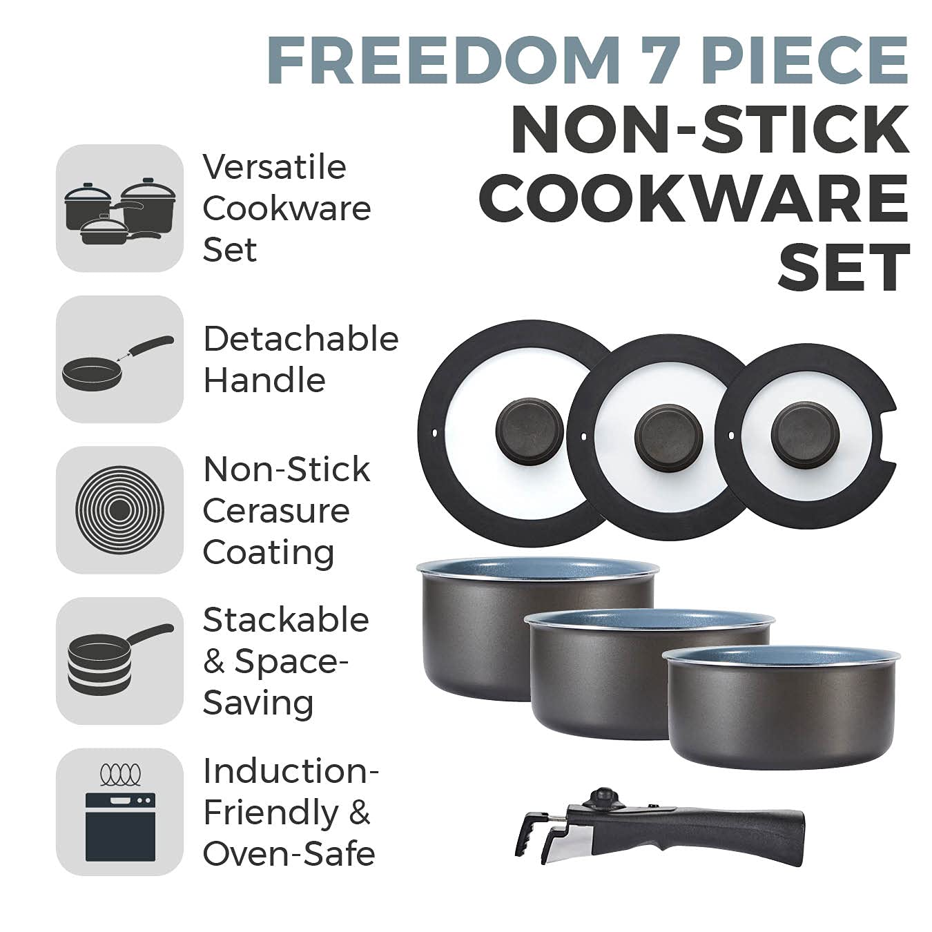 Tower Freedom 7 Piece Non-Stick Cookware Set with Detachable Handle