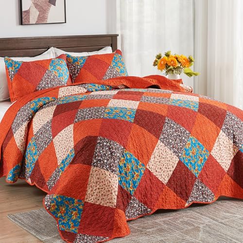 Qucover Super King Patchwork Quilted Bedspread | Floral Microfiber Set