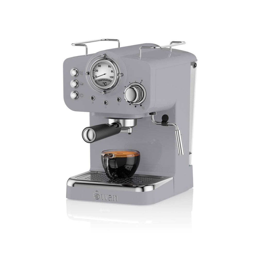 Swan Retro Espresso Coffee Machine with Milk Frother - 1.2L, Retro Grey