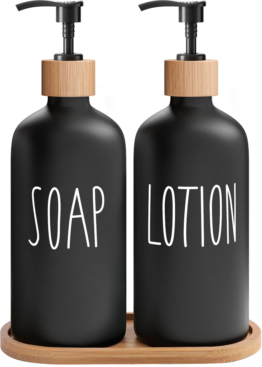 Jolof Store Glass Soap Dispenser Set with Bamboo Tray – Black Farmhouse