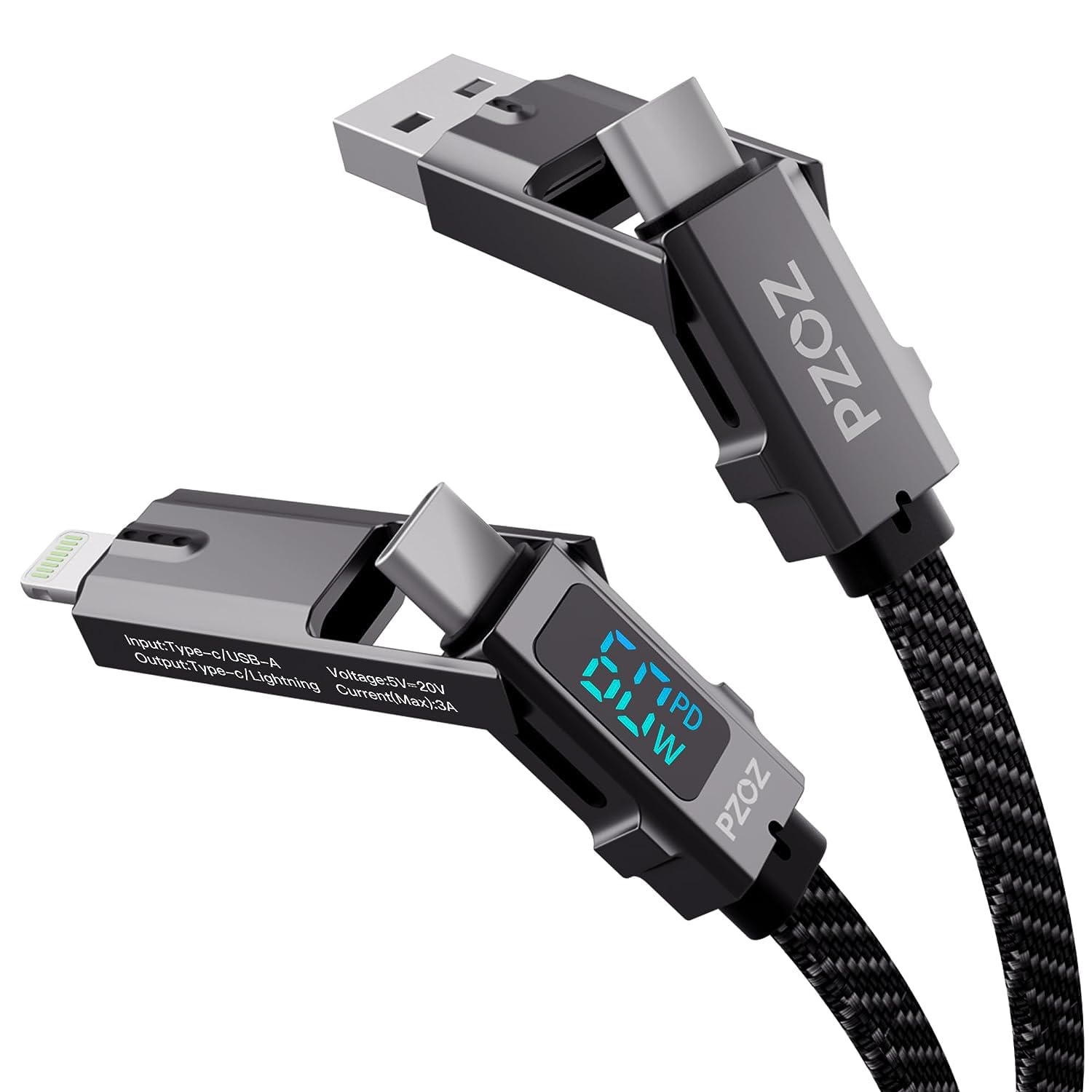 PZOZ 4-in-1 LED Display 60W USB-C Fast Charging Cable for iPhone & iPad