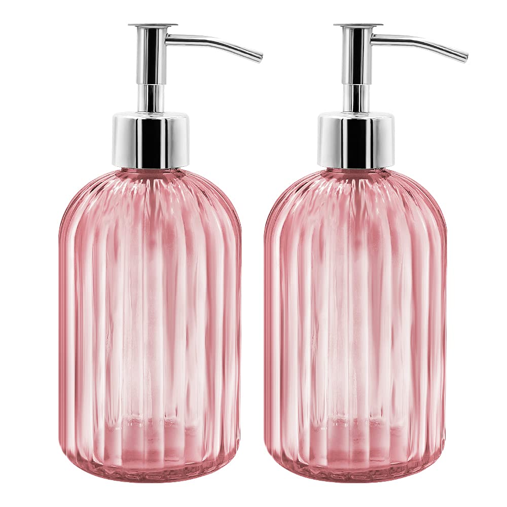 Glass Soap Dispenser 2-Pack | 14oz Refillable Pink Bottles