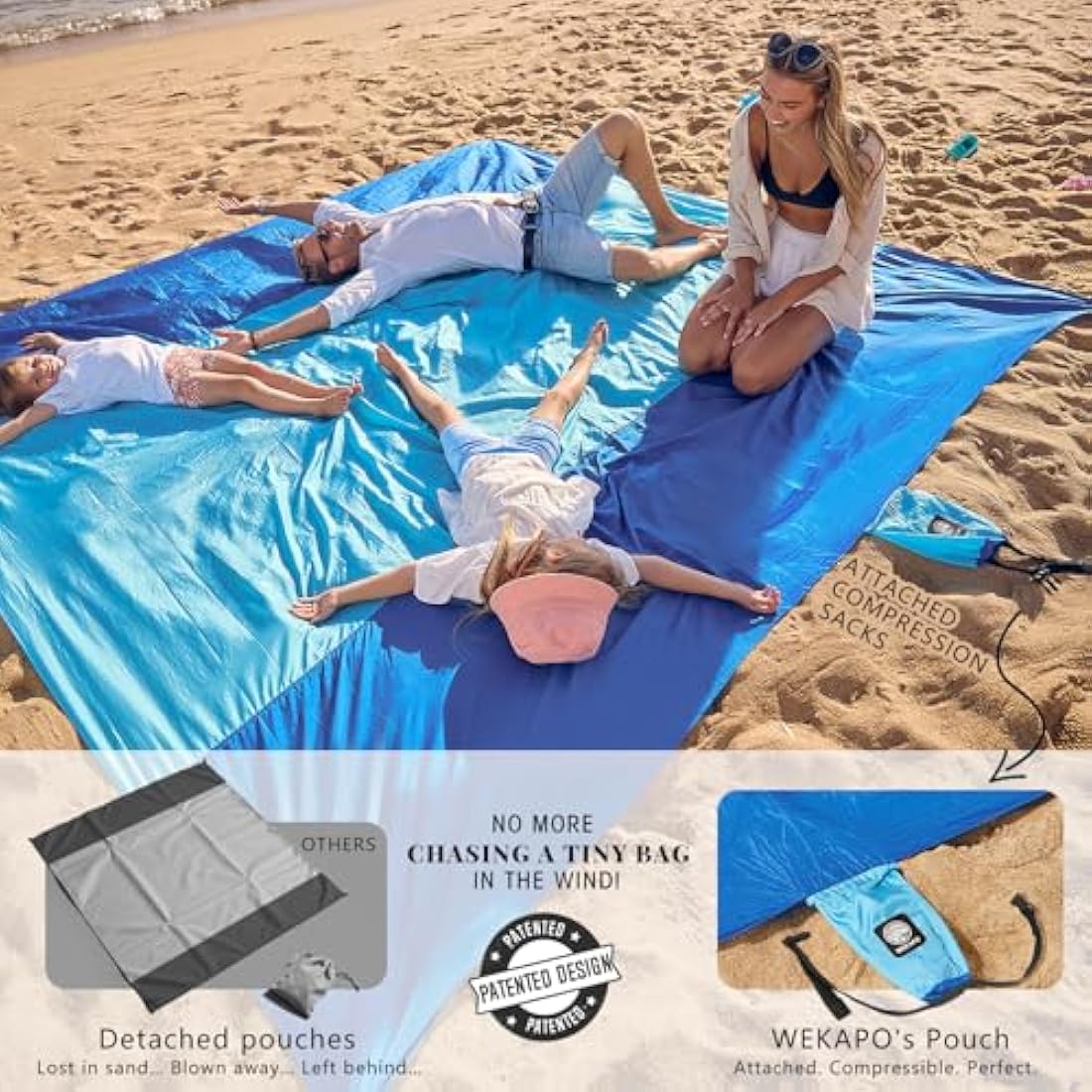 Wekapo Sand Free Beach Blanket | 10'x9' Oversized Ripstop Nylon Mat