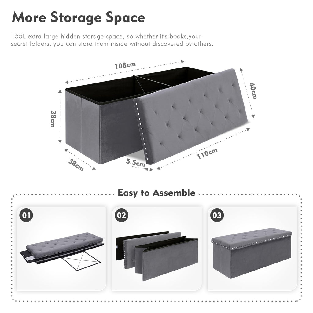 Bonlife Grey Velvet Storage Ottoman Bench – Large Folding Footstool