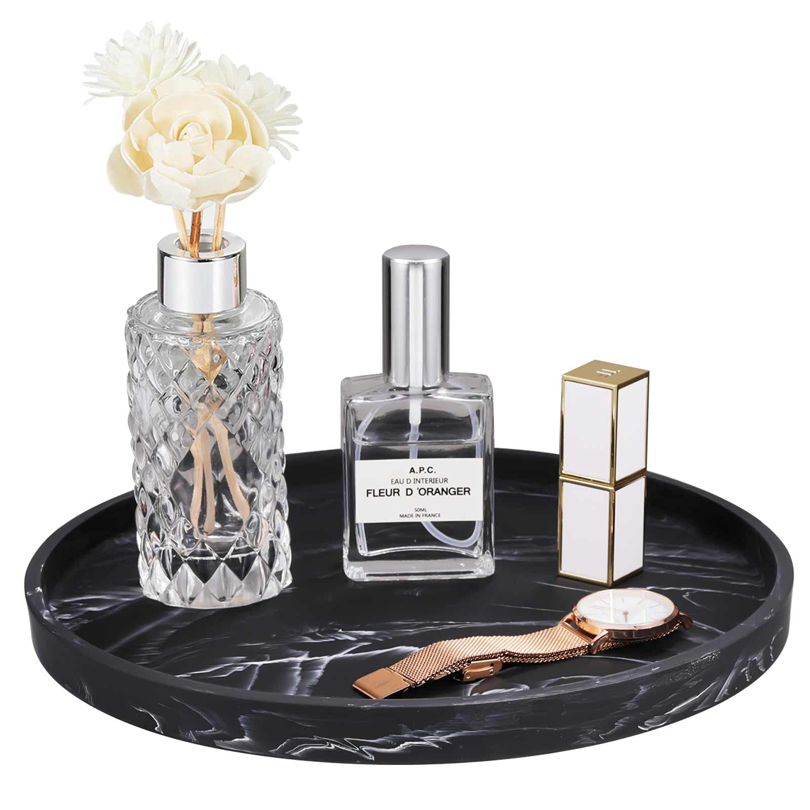 Emibele Resin Round Vanity Tray | Marble Texture Bathroom Storage Organizer