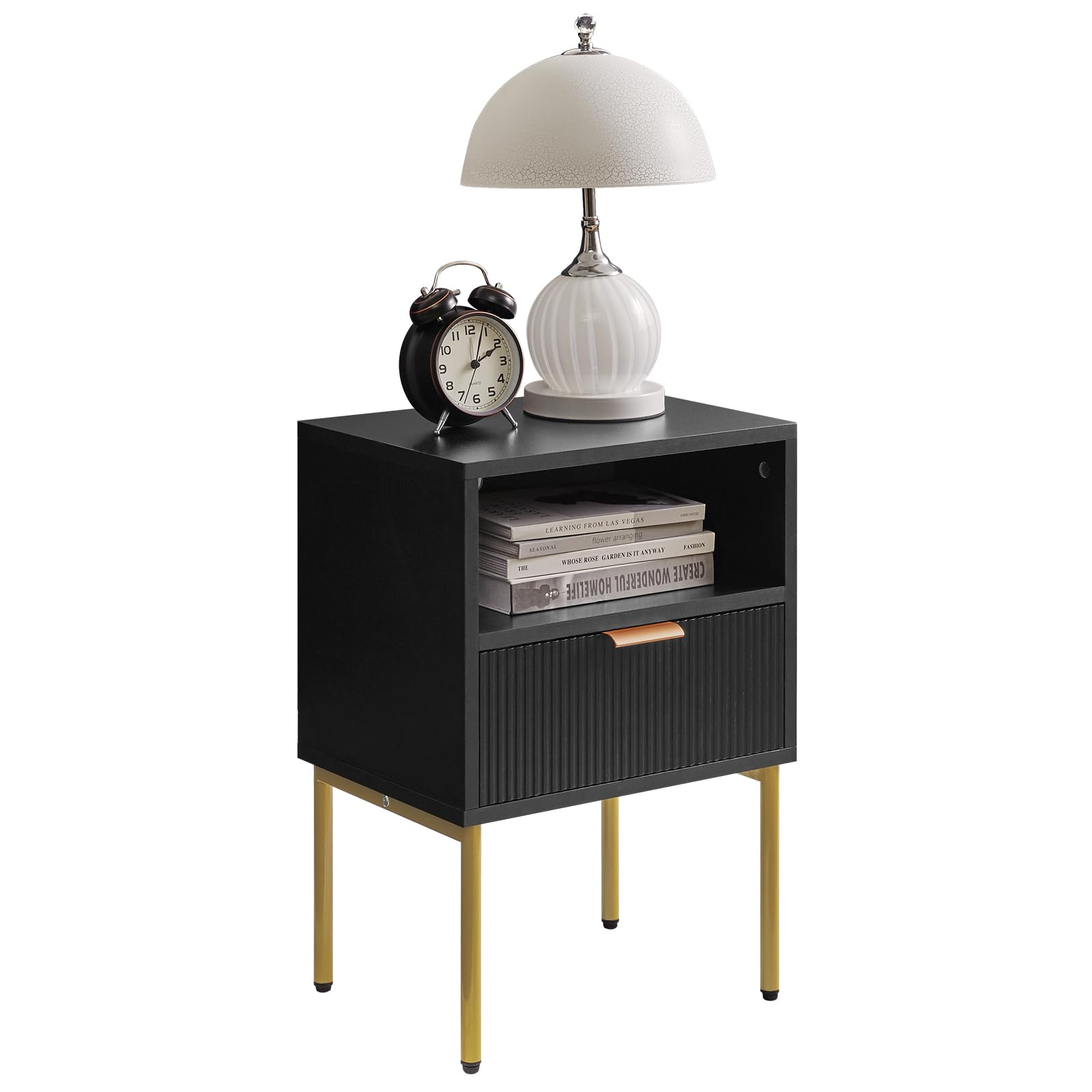 IBUYKE Mid-Century Modern Nightstand – Black Bedside Table with Drawer