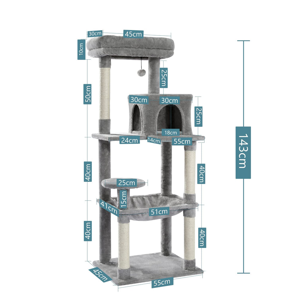PAWZ Road 56" Multi-Level Cat Tree with Large Hammock & House - Grey