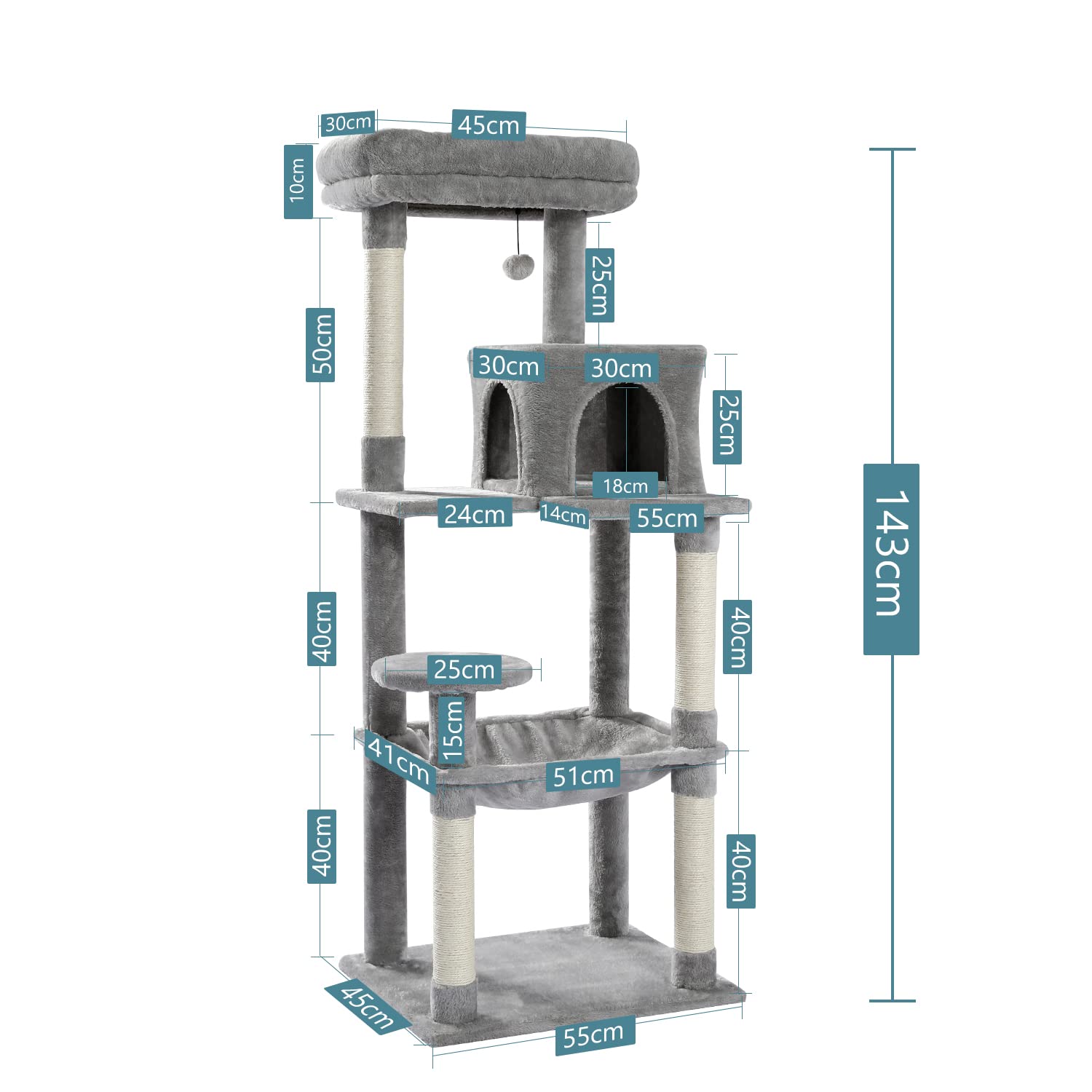 PAWZ Road 56" Multi-Level Cat Tree with Large Hammock & House - Grey