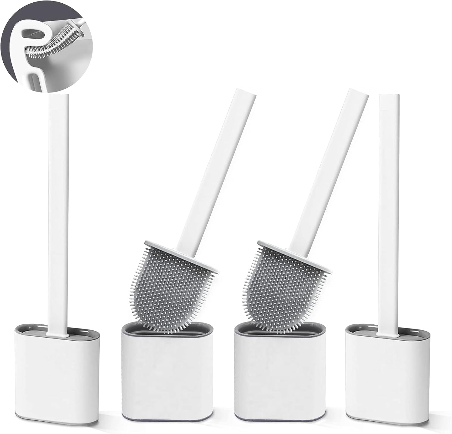 Silicone Toilet Brush 4 Pack | Quick Dry Holder & Soft Bristles
