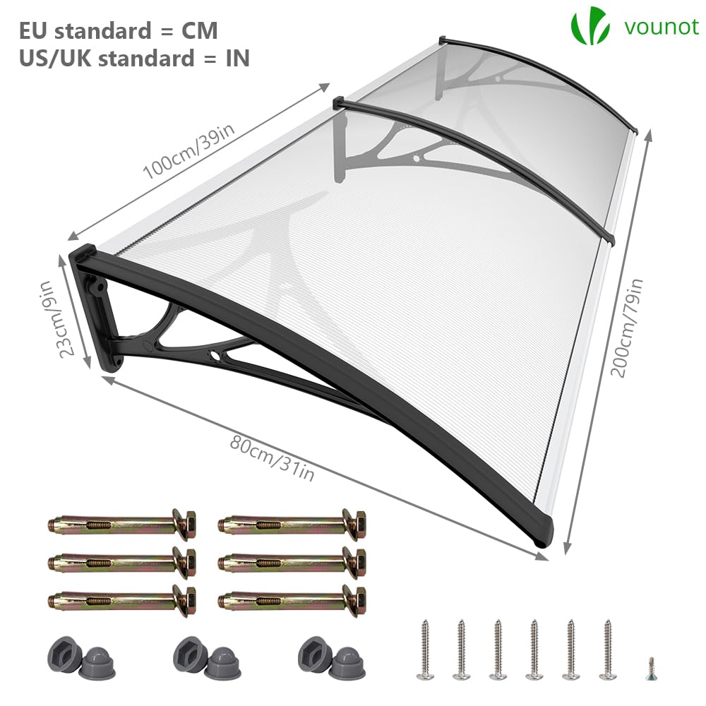 VOUNOT Front Door Canopy – 200x80cm Polycarbonate Outdoor Awning, Black