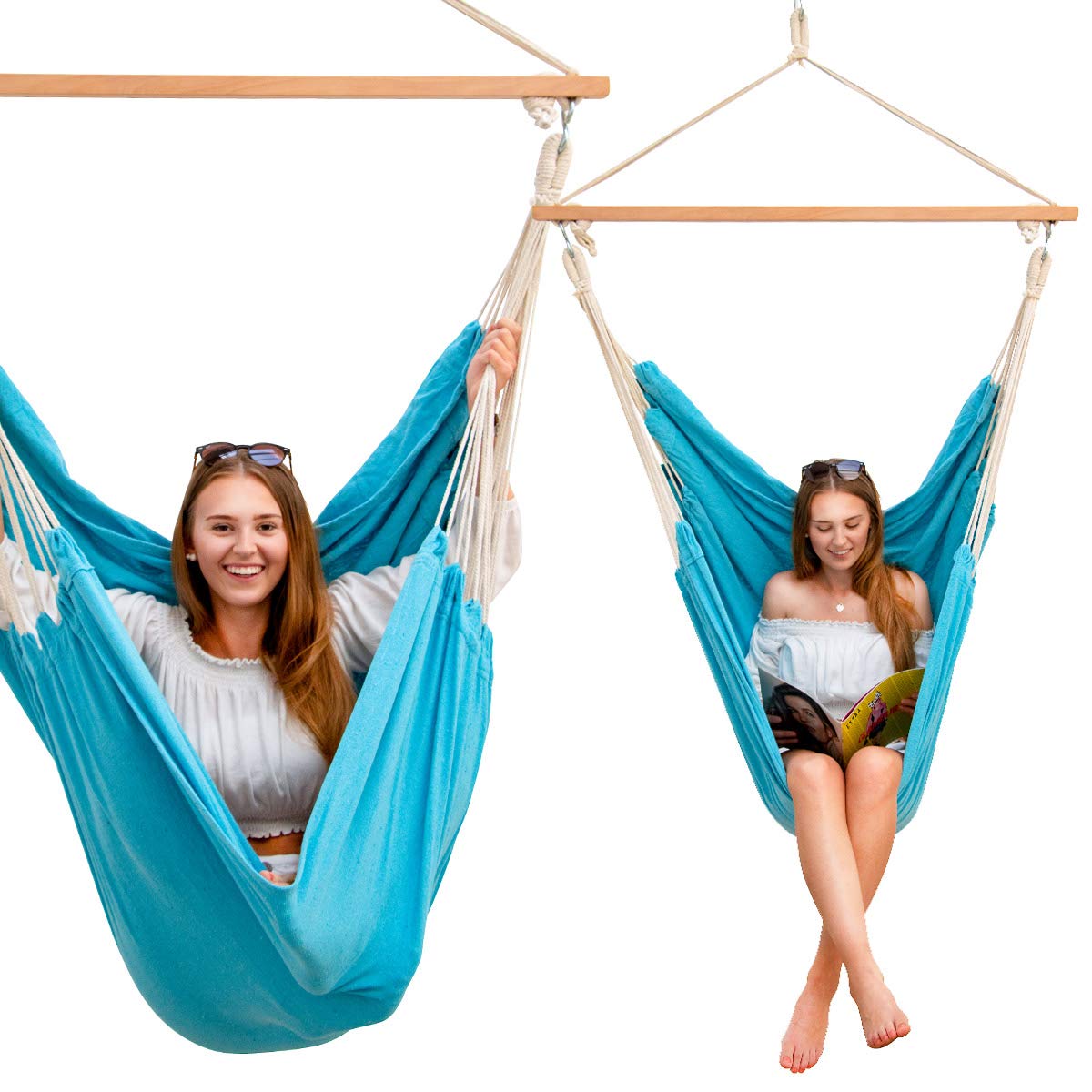 AMANKA XXL Hanging Chair – 185x130cm Cotton Swing with Spreader Bar, Blue