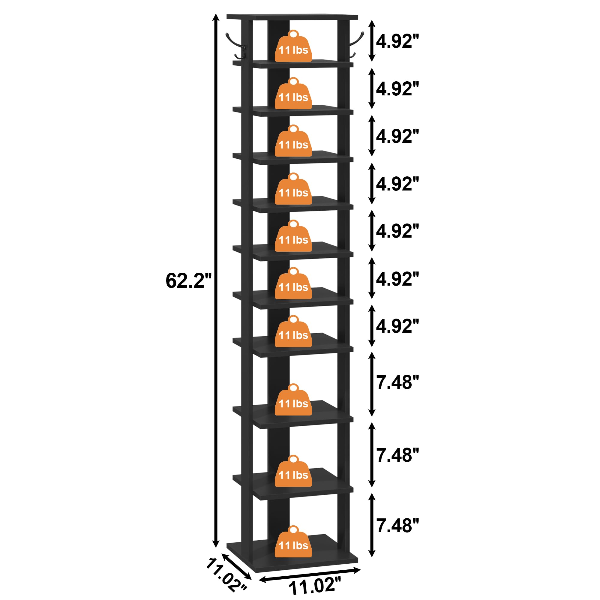 HOME BI 10-Tier Vertical Shoe Rack | Slim Wooden Corner Storage Tower