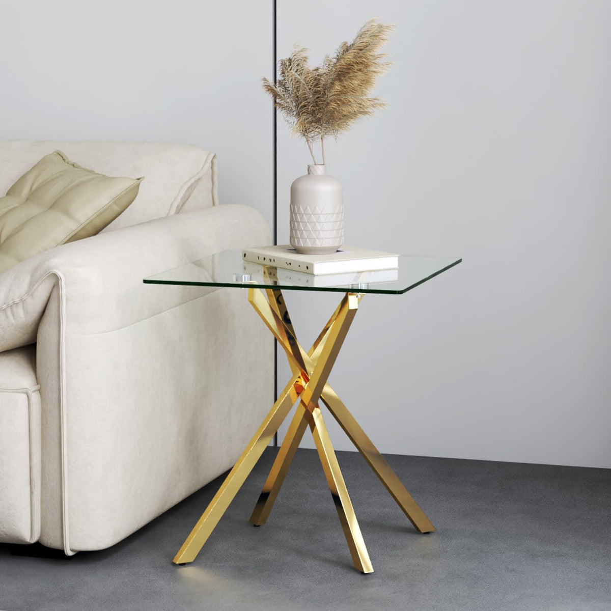 GOLDFAN Small Glass End Table with Gold Legs for Living Room Square Side Table Modern Contemporary Nightstand for Bedroom - image 1