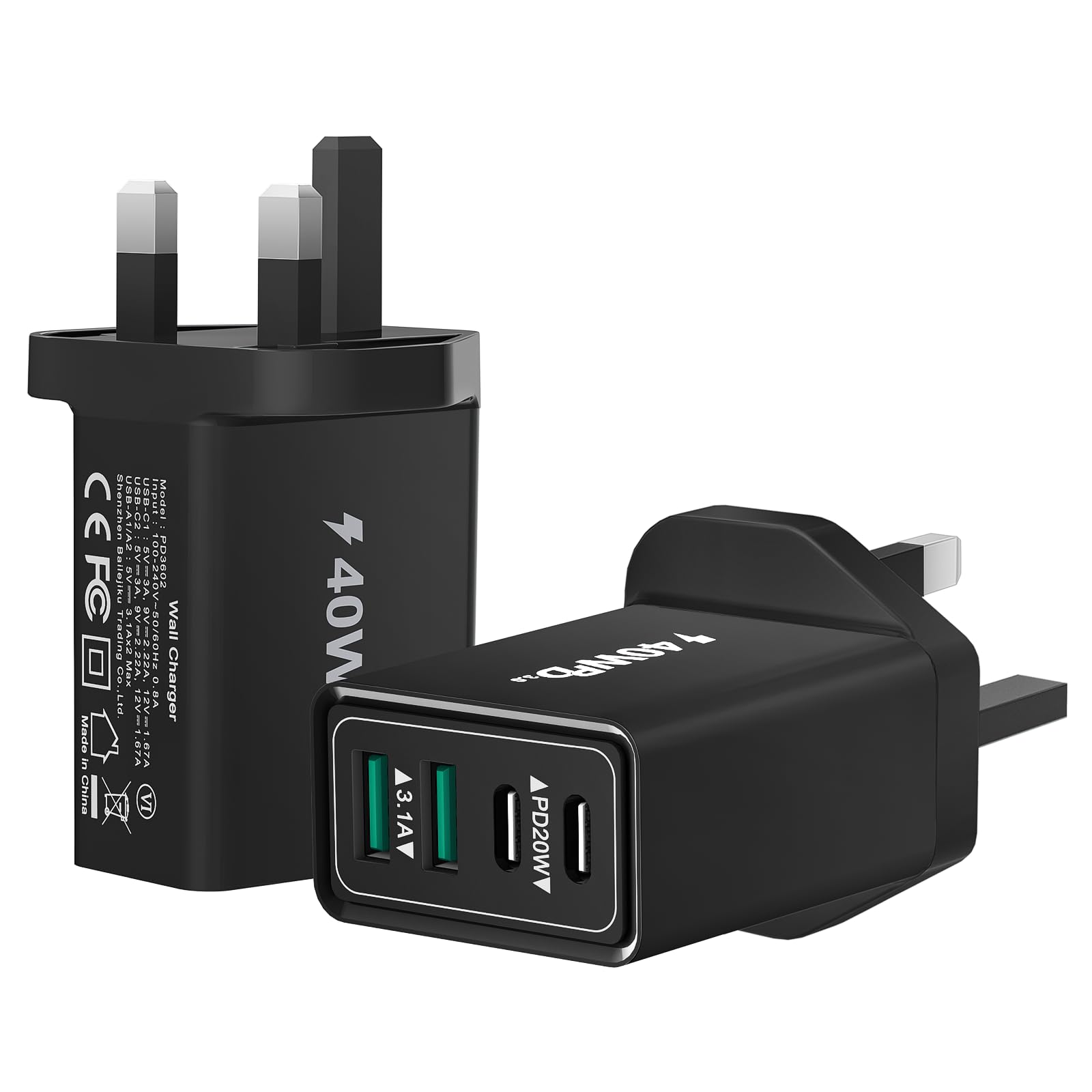 Jolof Store 40W 4-Port USB C Fast Charger – 2-Pack Multiport UK Wall Plug