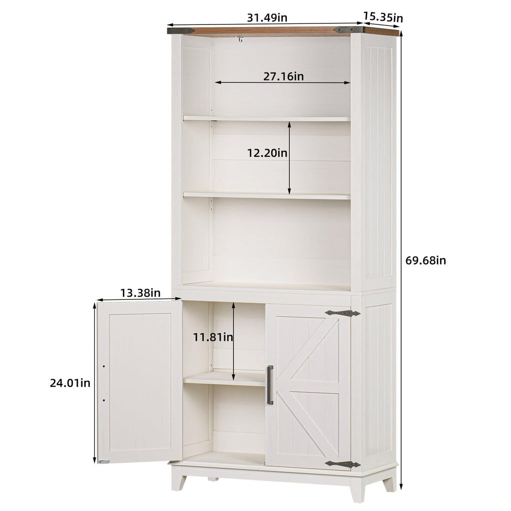LELELINKY 70in Tall Bookshelf 5 Tier Bookcase with Barn Doors and Adjustable Shelves, White Farmhouse Book Shelf with Storage Cabinet - image 4