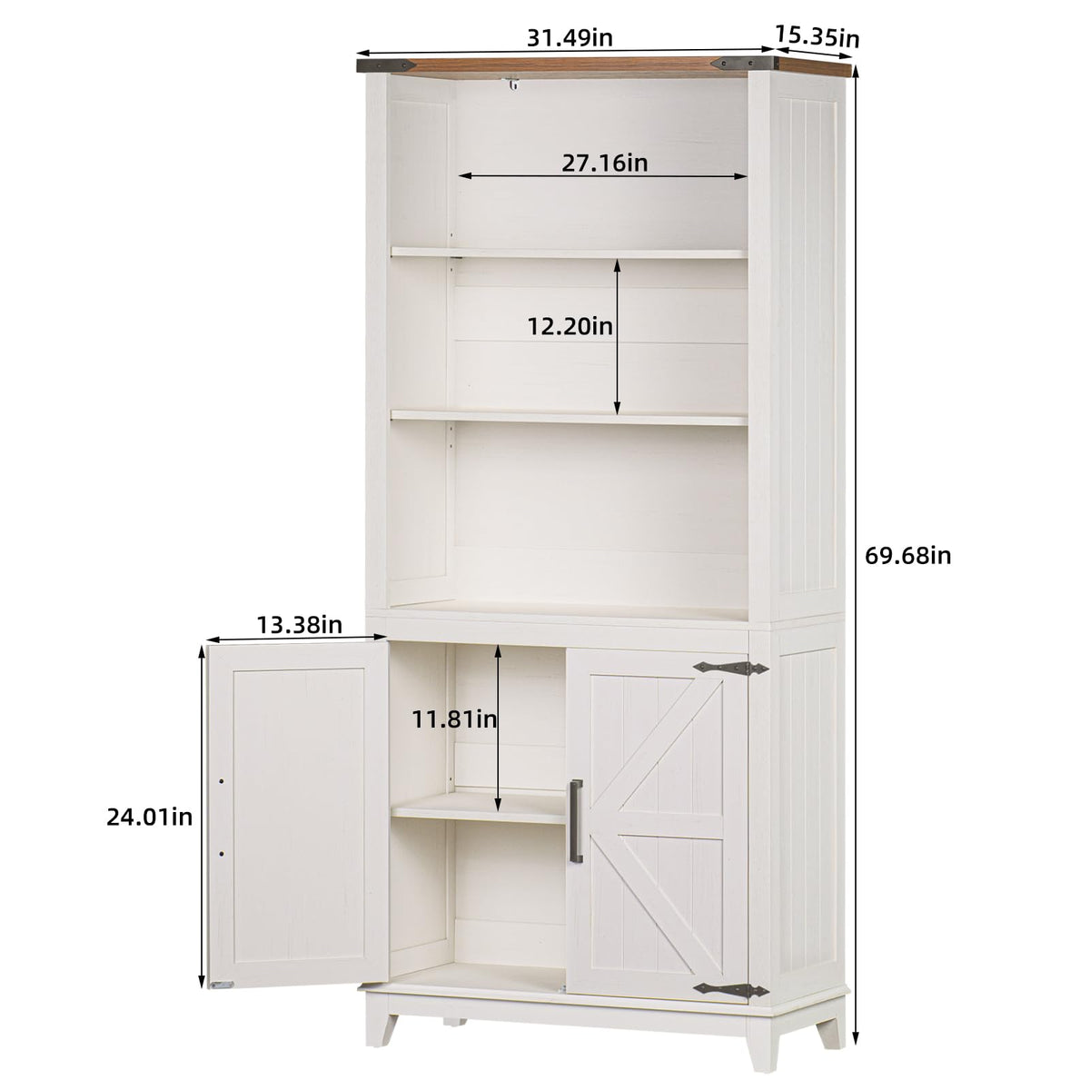 LELELINKY 70in Tall Bookshelf 5 Tier Bookcase with Barn Doors and Adjustable Shelves, White Farmhouse Book Shelf with Storage Cabinet - image 4