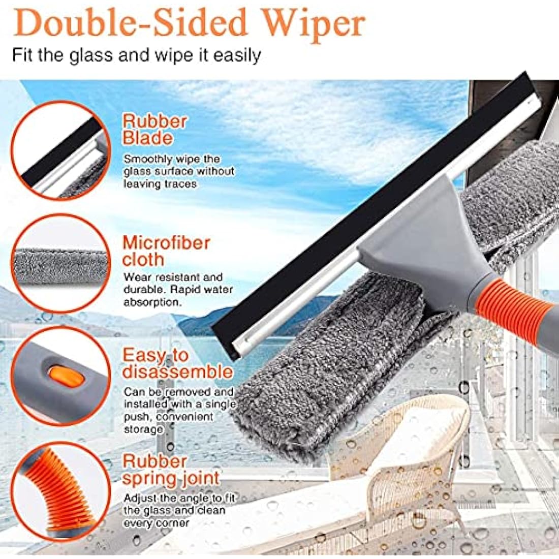 Baban 2-in-1 Window Squeegee Cleaner with 61'' Telescopic Extension Pole