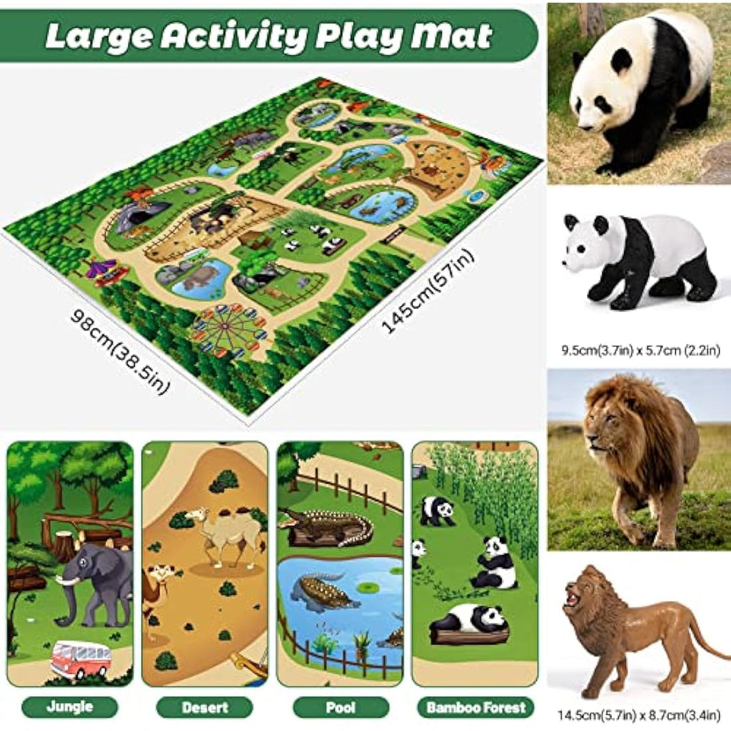FRUSE Safari Animals Playset with Jumbo Play Mat - 12 Realistic Figurines