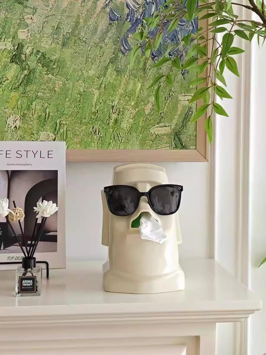 Hosoncovy Moai Tissue Box Holder Stone Face Easter Island Napkin Tissue Holder Box for Home Living Room Bathroom Kitchen Office Bar White
