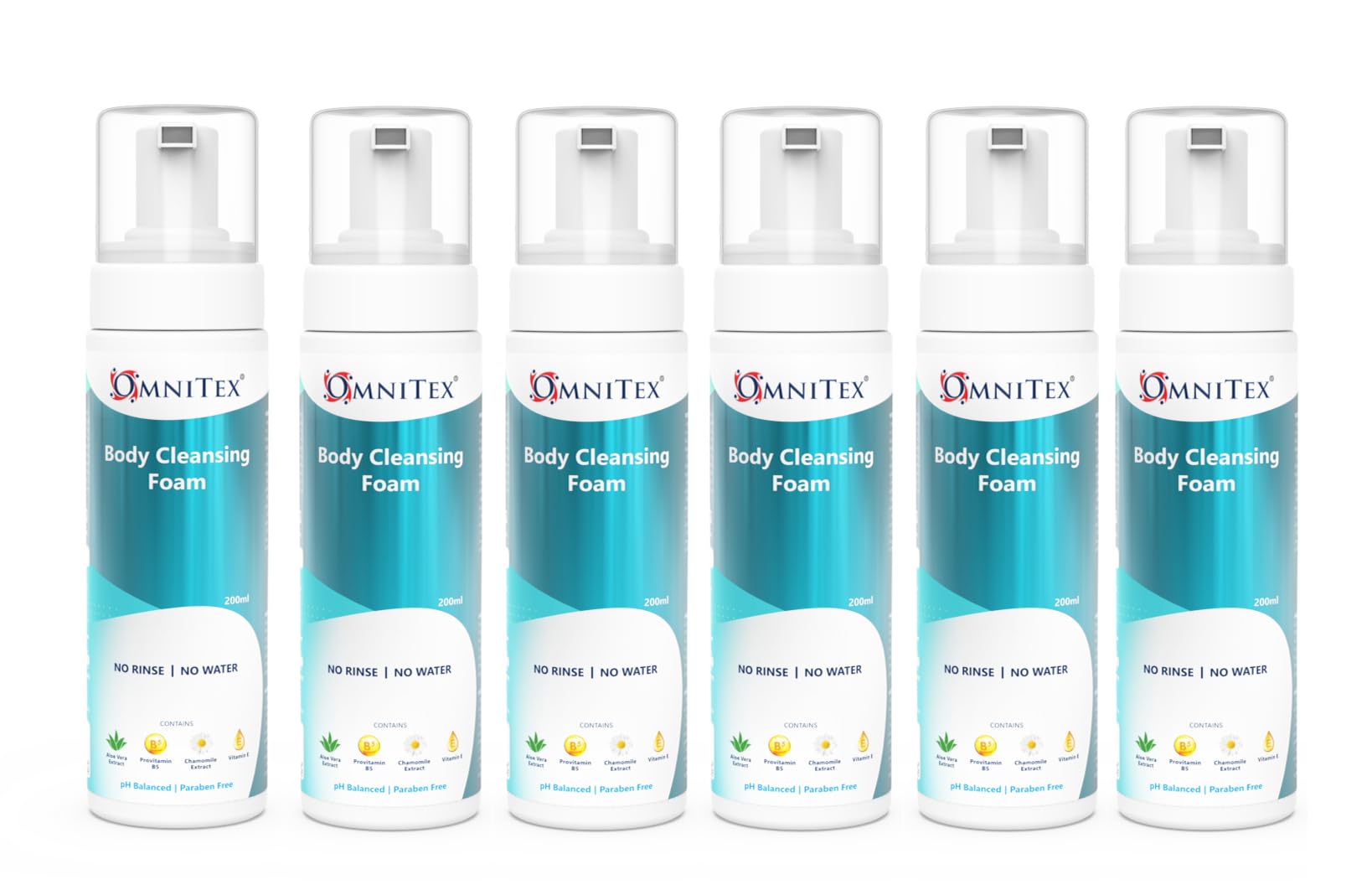 Omnitex Rinse Free Body Cleansing Foam - 6x 200ml No Rinse Body Wash
