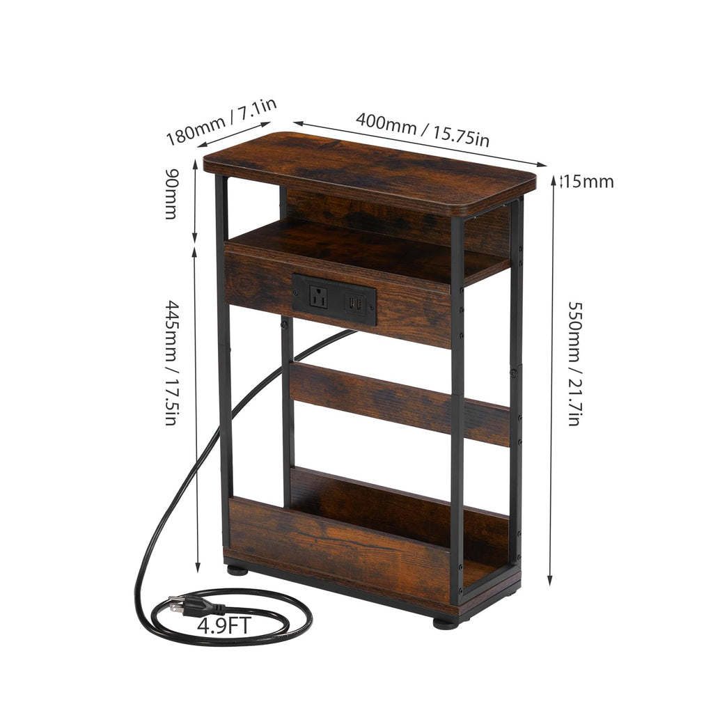 Narrow Side Table with Charging Station – Rustic Brown