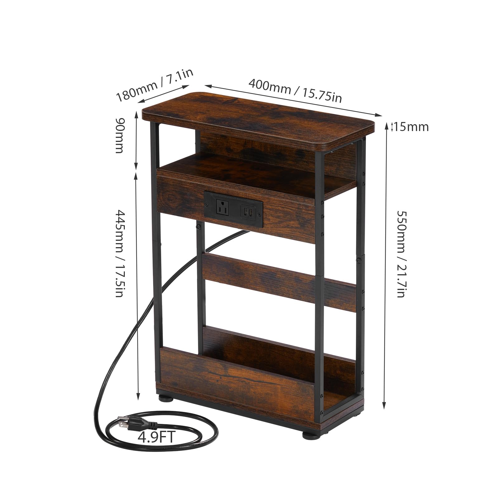 Narrow Side Table with Charging Station – Rustic Brown