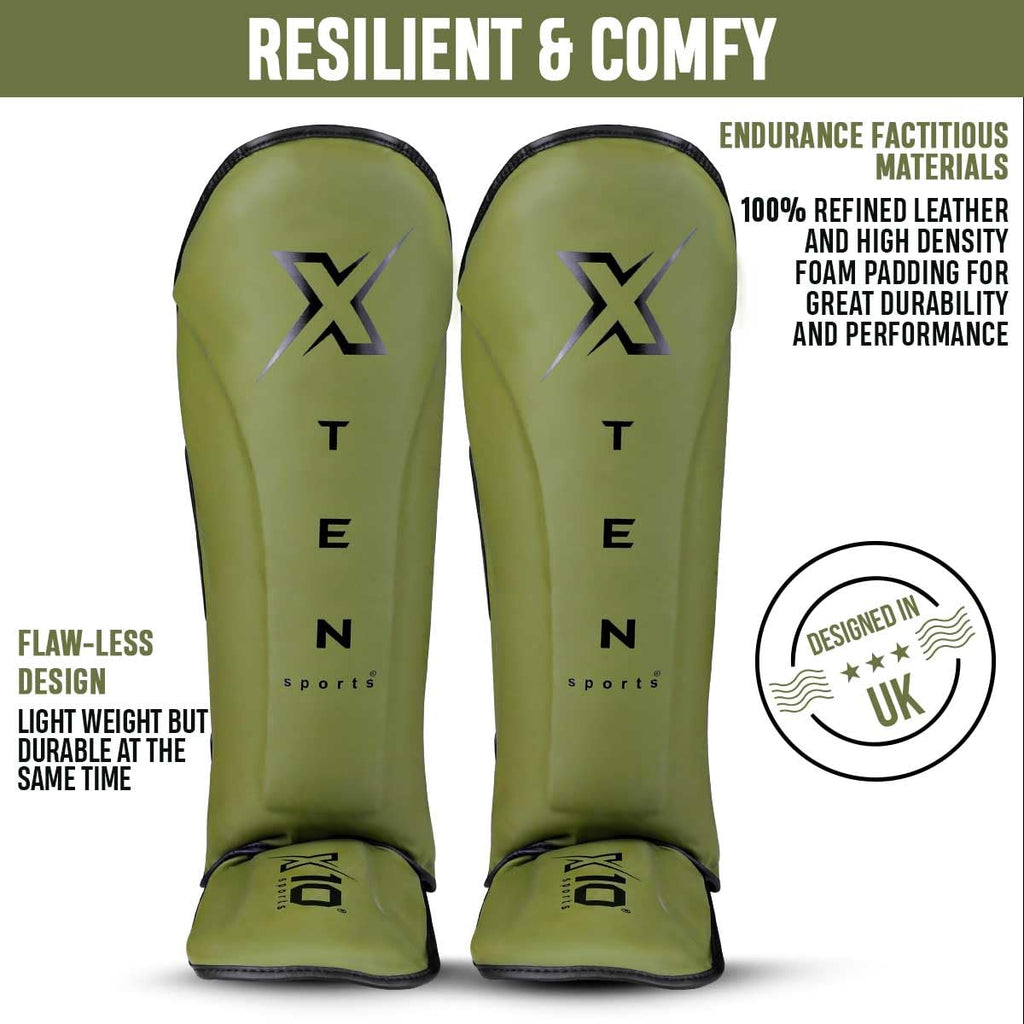 XTEN SPORTS Muay Thai Shin Guards – Gel Padded Leather – Olive Green