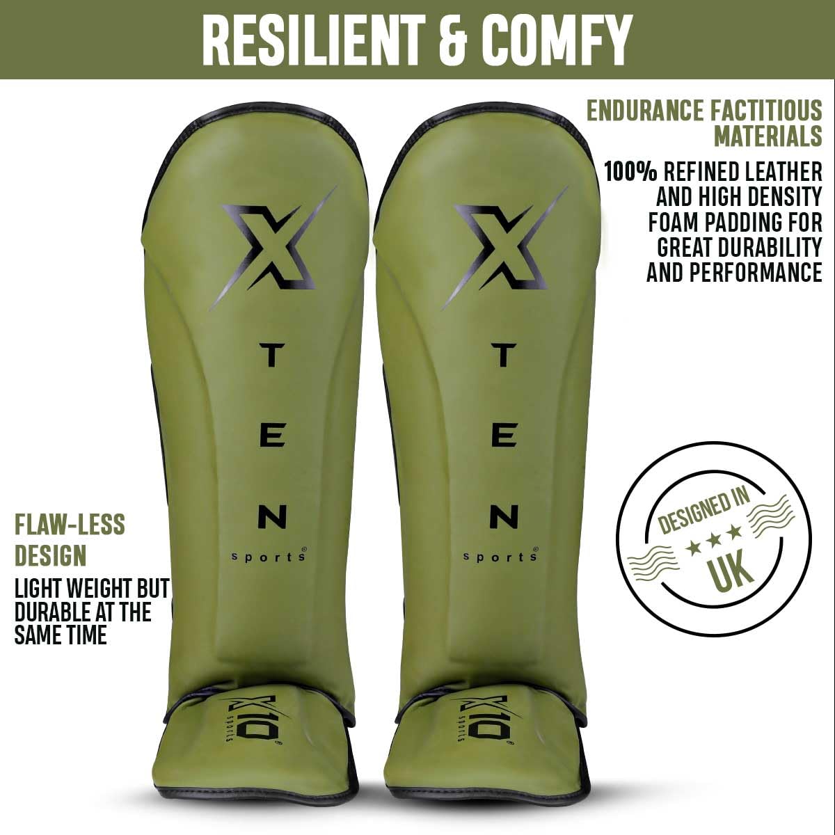 XTEN SPORTS Muay Thai Shin Guards – Gel Padded Leather – Olive Green