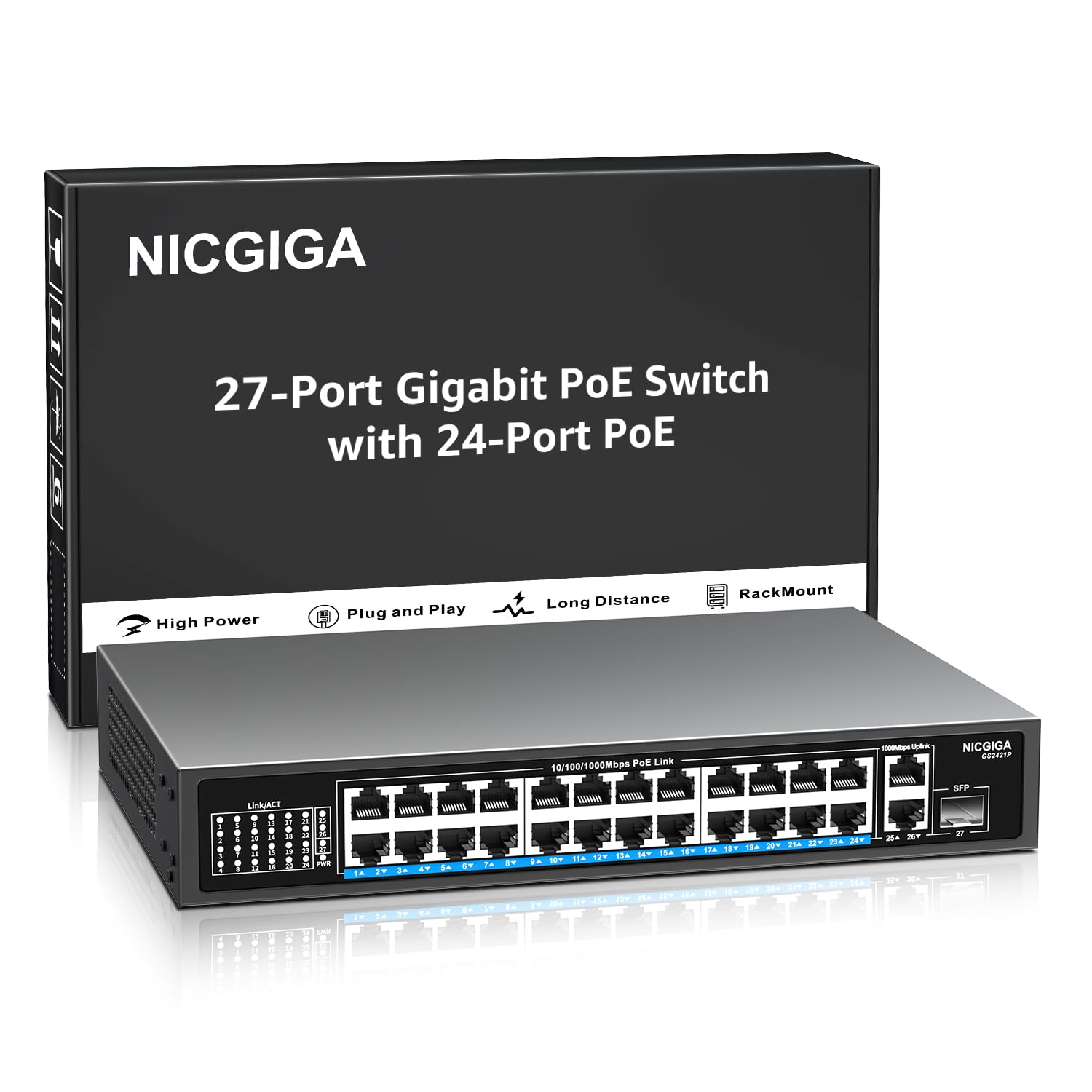 NICGIGA 24 Port Gigabit PoE Switch | 300W Unmanaged Rackmount Hub