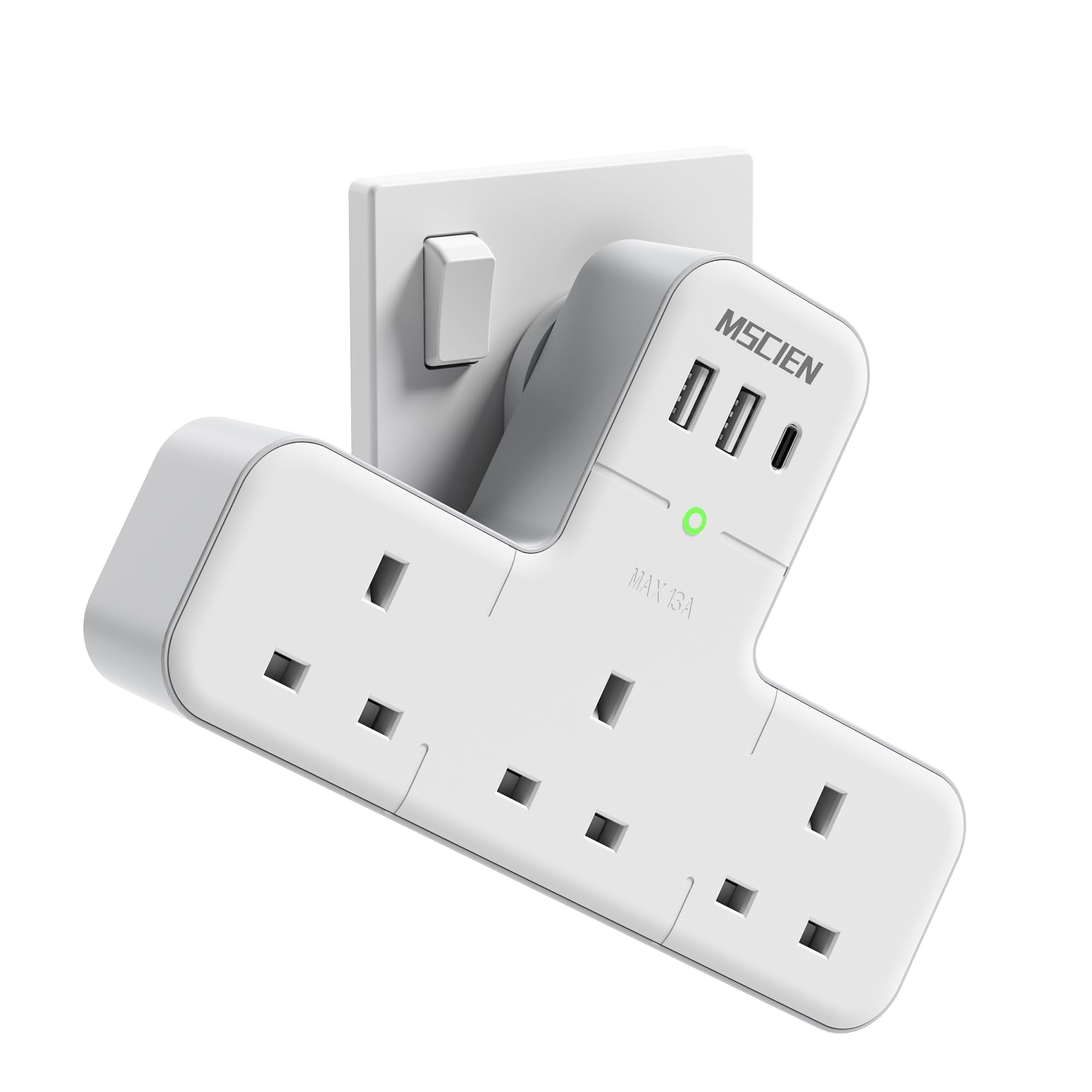 Mscien 6-in-1 Multi Plug Adaptor | 3-Way UK Wall Socket with USB-C