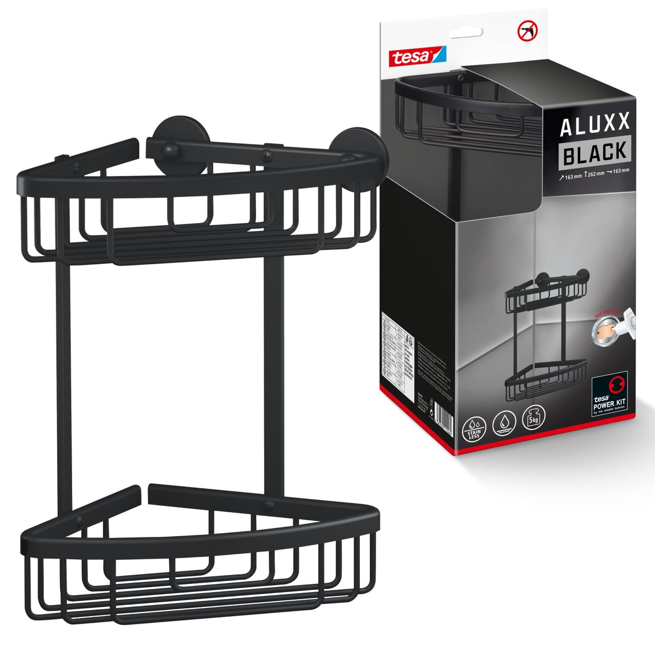 tesa ALUXX BLACK 2-Tier Corner Shower Basket – Matt Black Drill-Free Shelf