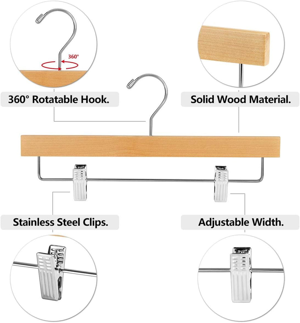 20pcs Wooden Trouser Hangers, 35cm Natural Skirt Coat Hangers with Clips - image 5