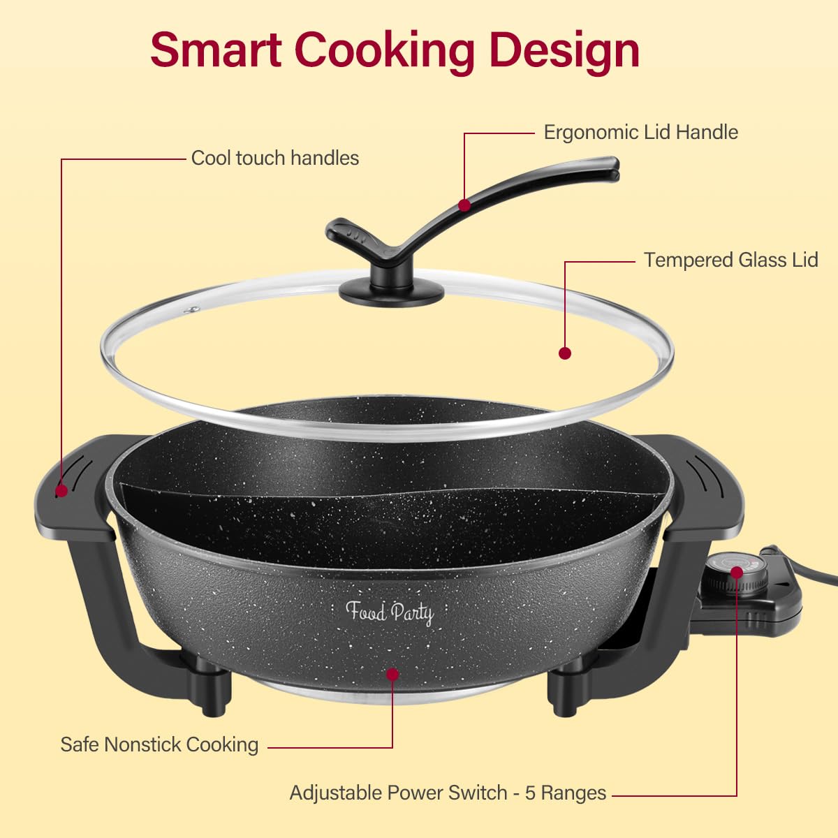 Food Party 6-Quart Electric Hot Pot with Divider | Non-Stick Shabu Shabu