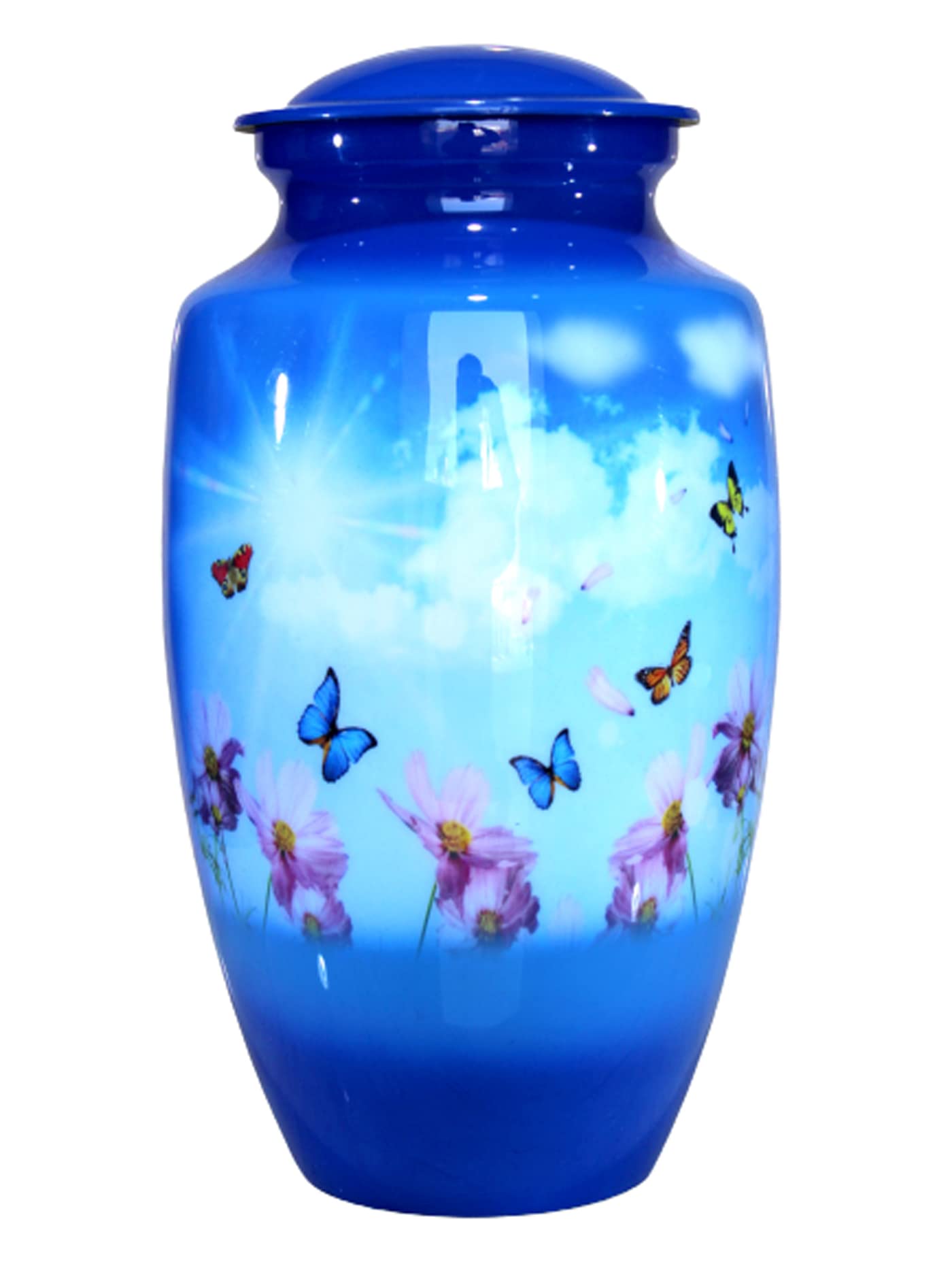 eSplanade Metal Cremation Urn - Blue Butterfly Memorial Jar for Ashes - 10"