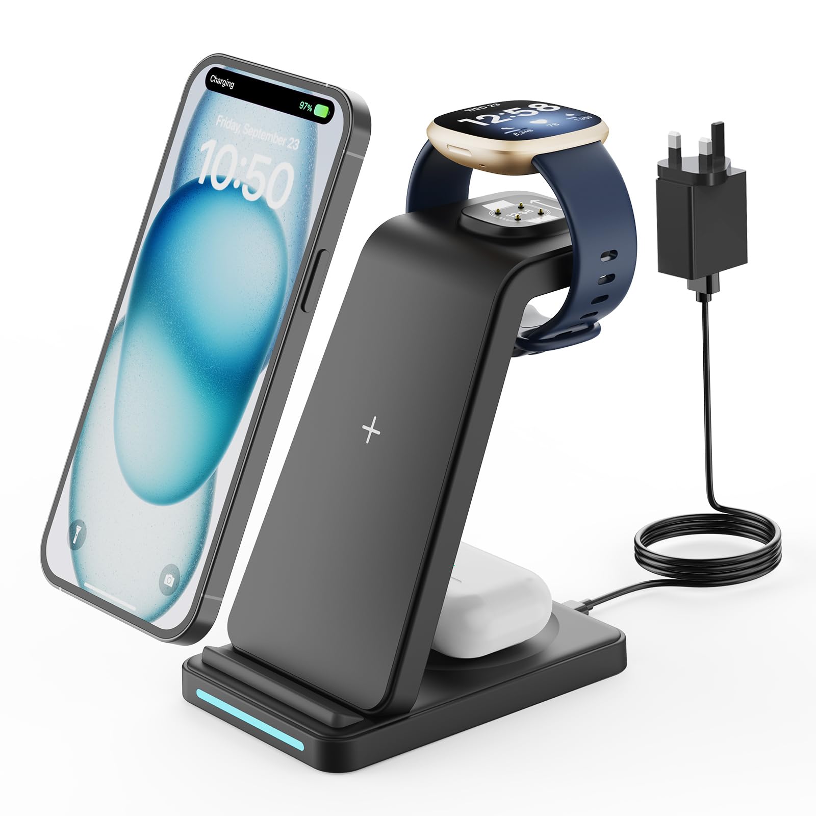 GEEKERA 3-in-1 Wireless Charger Stand for Google Pixel & Fitbit - Black