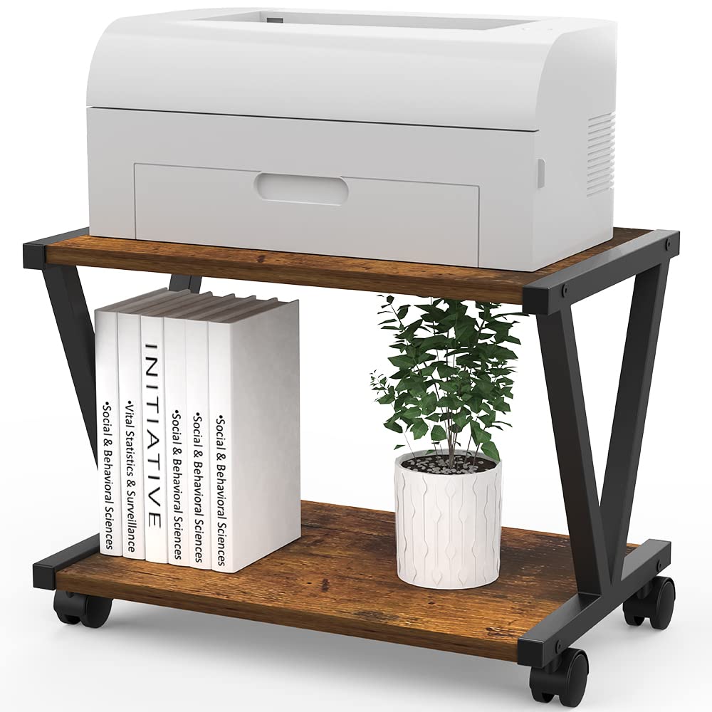 VEDECASA 2-Tier Printer Stand | Brown Wood Under Desk Storage with Wheels