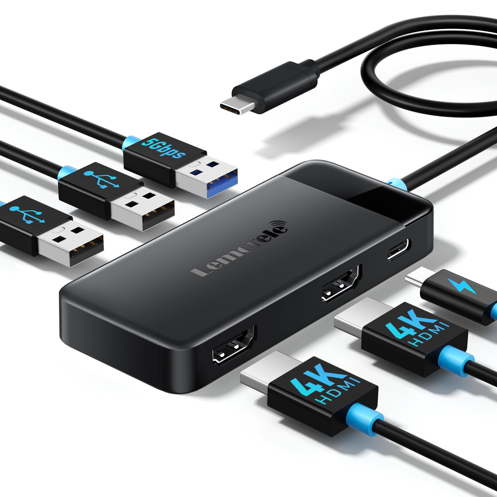 Lemorele 6-in-1 USB C Hub Dual HDMI Docking Station - 4K PD 100W