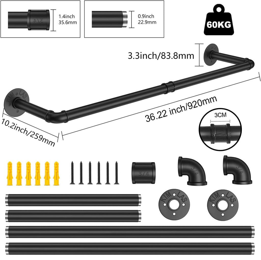 SMILOVII Wall Mounted Clothes Rail, Industrial Clothes Rail Wall Mounted, 92cm Walls Mounted Garment Rail Heavy Duty - image 5