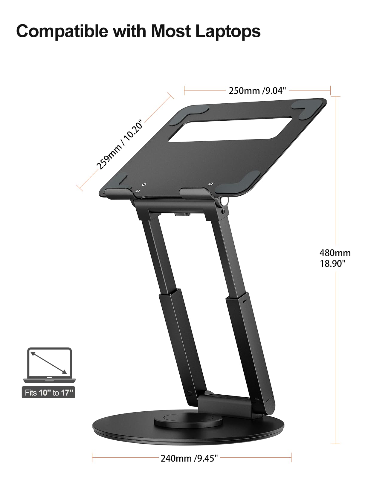 Tounee Telescopic Laptop Stand | 360 Swivel Sit-to-Stand Riser | Black