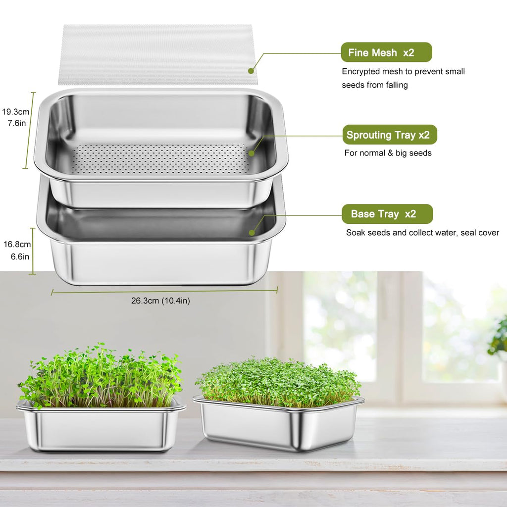 FANHAO 2-Pack Stainless Steel Sprouting Tray Kit for Wheatgrass