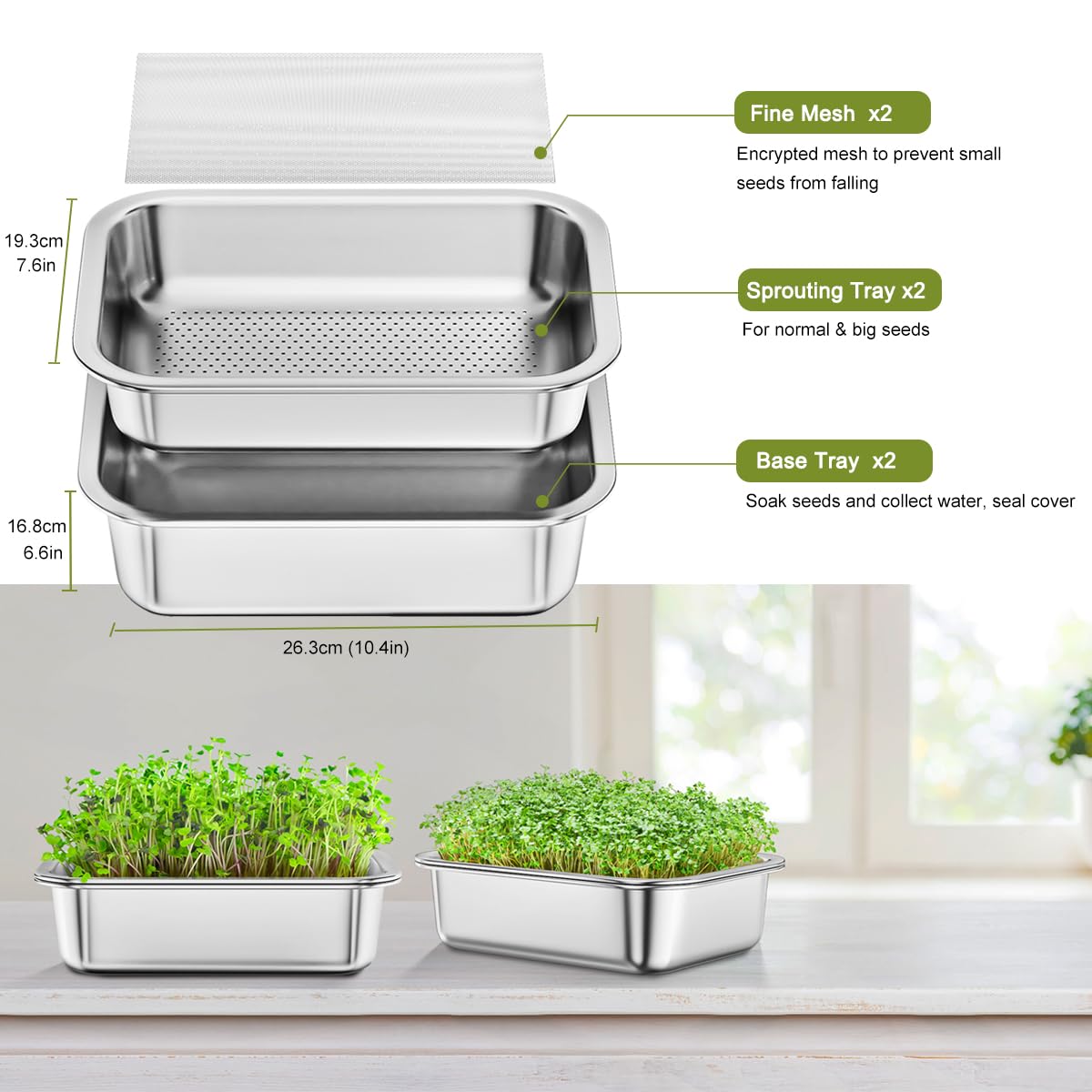 FANHAO 2-Pack Stainless Steel Sprouting Tray Kit for Wheatgrass