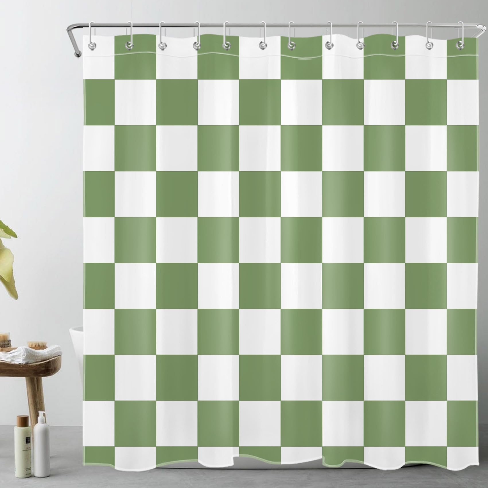 Jolof Store Green and White Plaid Shower Curtain – Waterproof Polyester