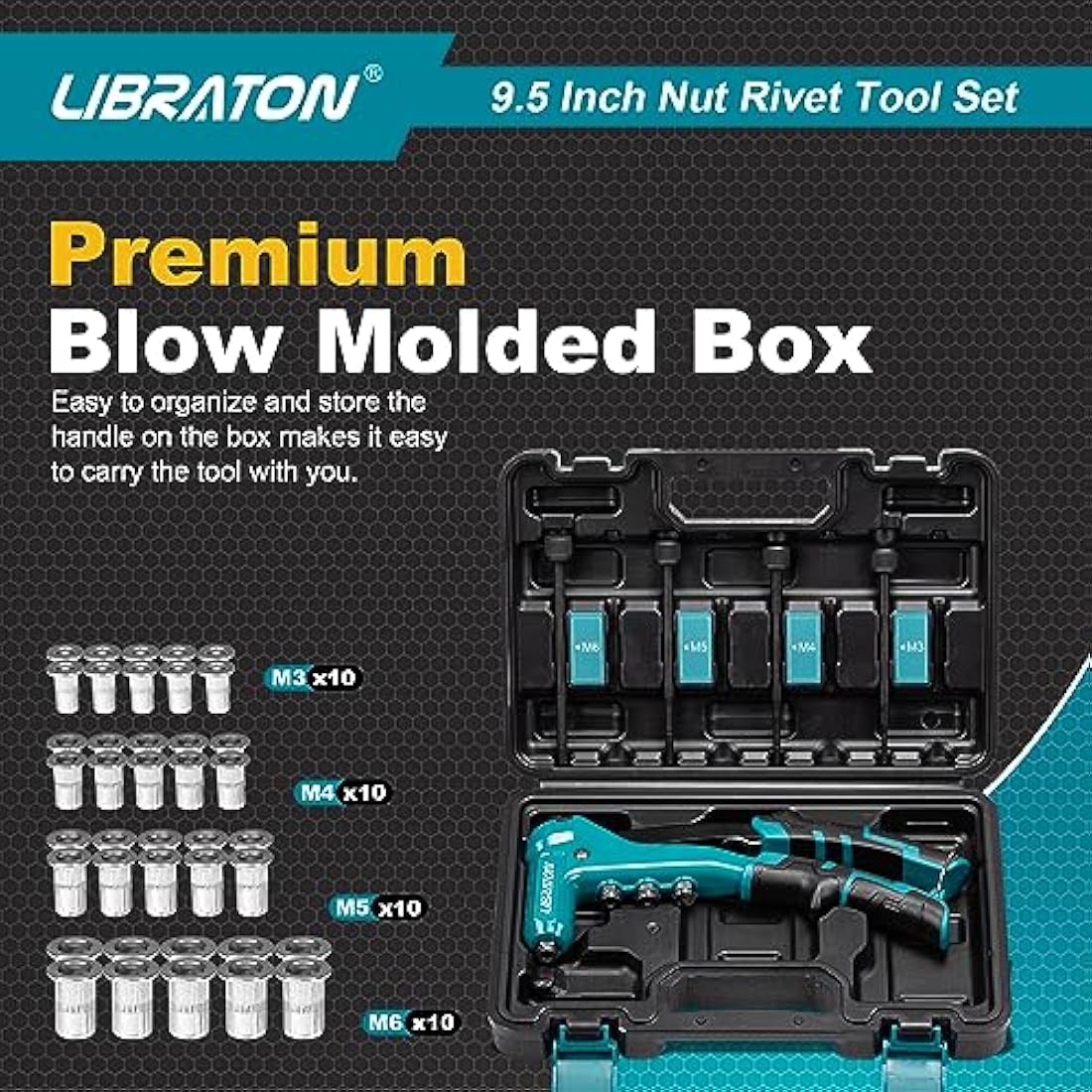 Libraton 9.5" Rivet Nut Tool Kit | One-Handed Riveter with 40 Nuts