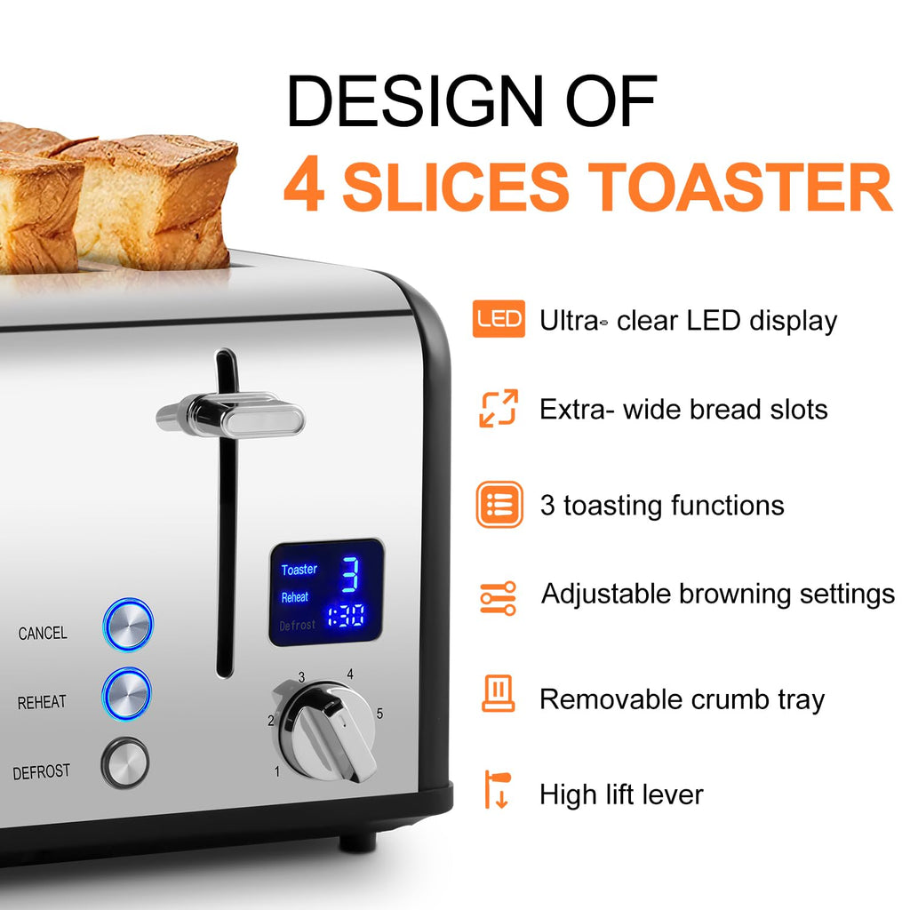 Cusimax 4-Slice Stainless Steel Toaster with LED Display & Wide Slots