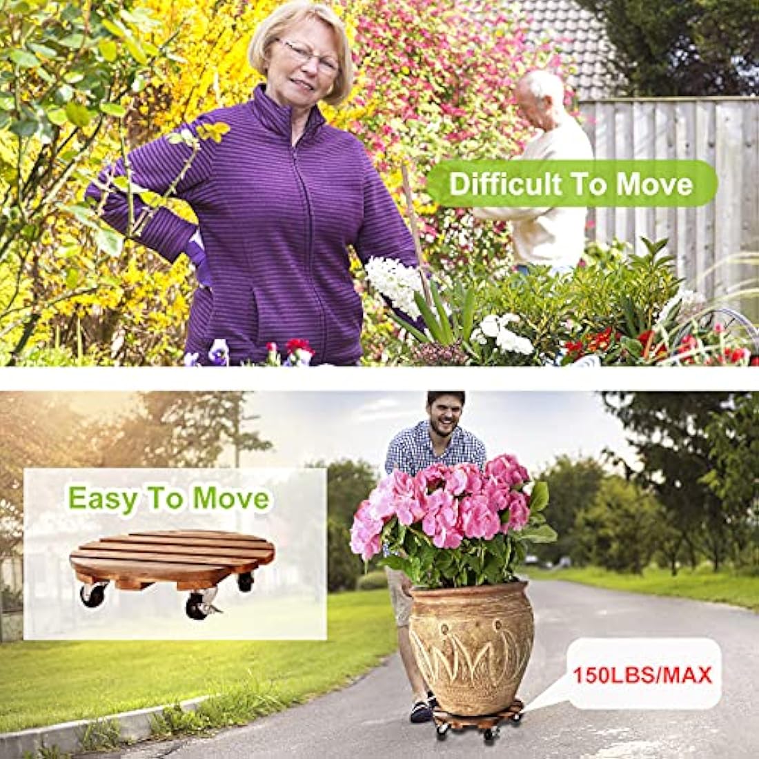2-Pack Wooden Plant Caddy | 12" Rolling Plant Stand with Wheels